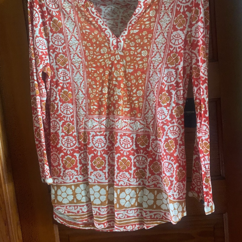 Lucky Brand Orange and White Patterned Long Sleeve Top